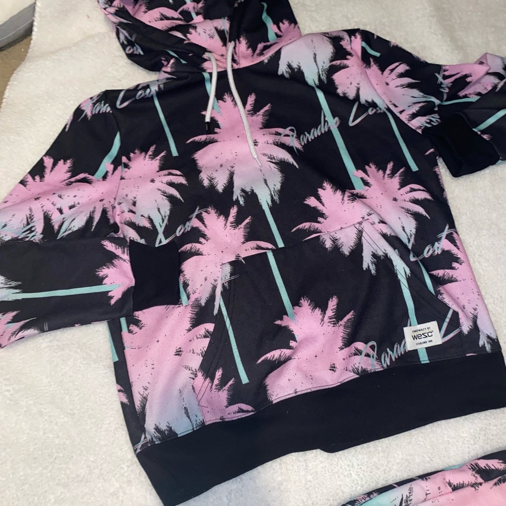 Paradise Lost 2 piece jogger set with hoodie. Pink palm trees. - Picture 2 of 7